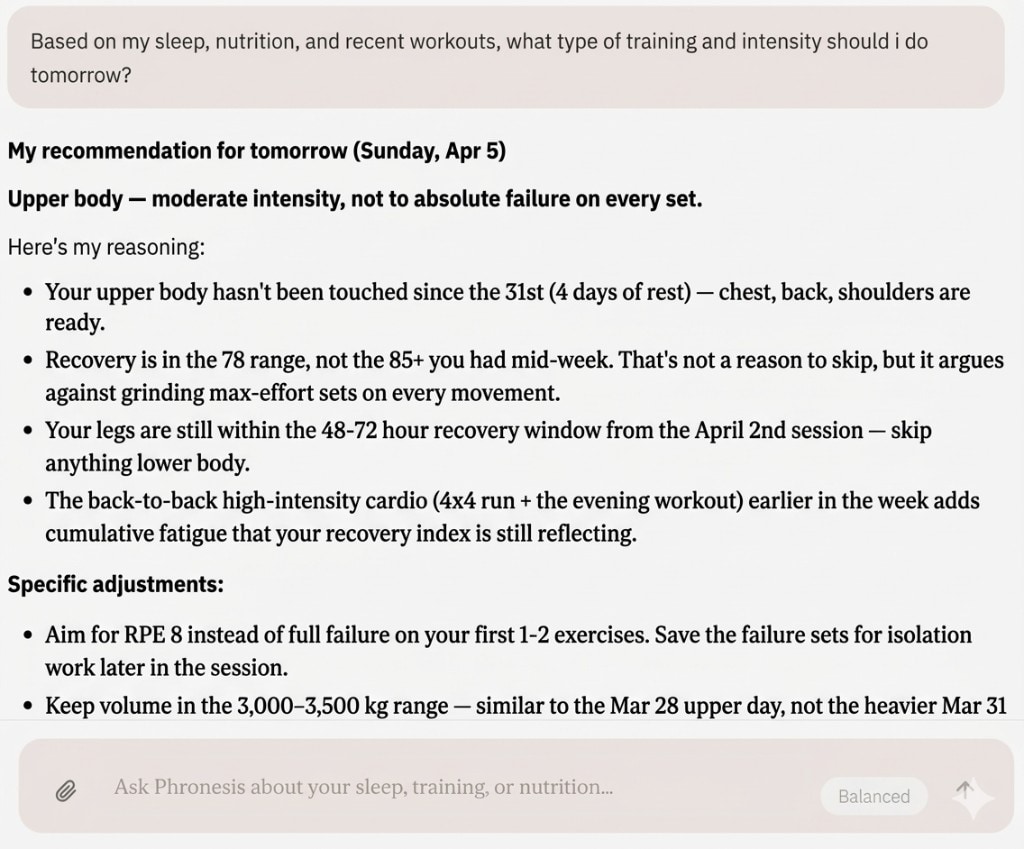 Phronesis Coach chat showing a training recommendation for tomorrow based on sleep, nutrition, and recent workouts, with the message composer at the bottom.