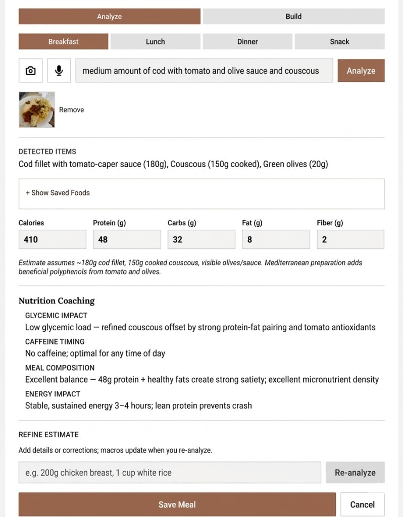 Hexis Nutrition: Analyze mode with meal type tabs, text and photo input for a cod and couscous meal, detected items, macro summary, nutrition coaching notes, and save actions.
